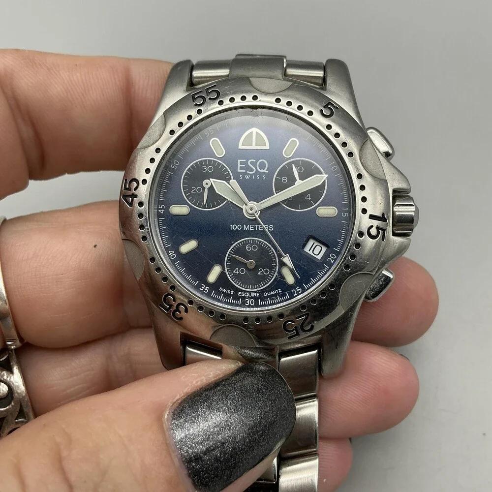 ESQ Mens Watch 38mm Blue Dial Stainless Chronograph Date 100M New Battery 8